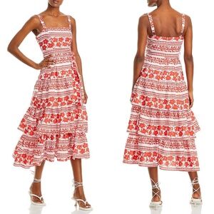 NWT AQUA Red & White FLORAL Print SQUARE NECK Ruffle TIERED Skirt MAXI DRESS